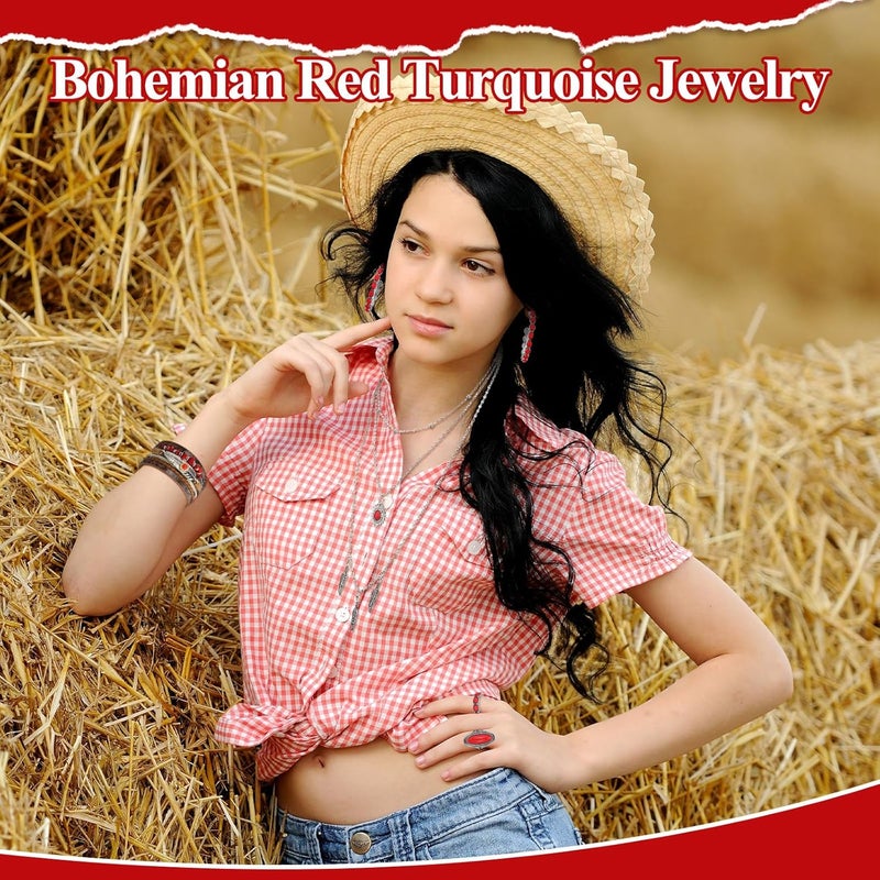 Ecally Store Bohemian Western Jewelry Turquoise Set Women Country Pendant Long Choker Layered Bracelets Earrings Ring for Women - Image 2